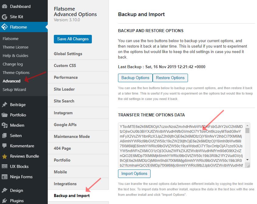 Flatsome Theme Update Optionen sichern