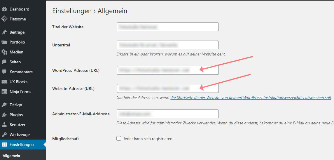 WordPress Url ändern im Dashboard