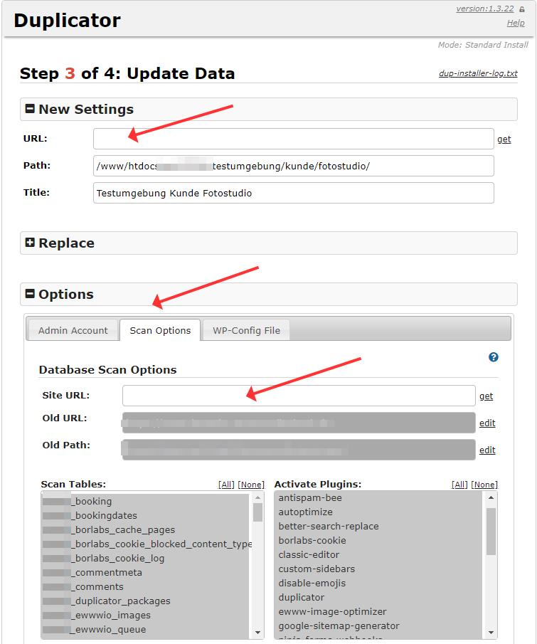WordPress Url ändern mit Duplicator