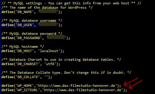 WordPress Url ändern in wp-options.php